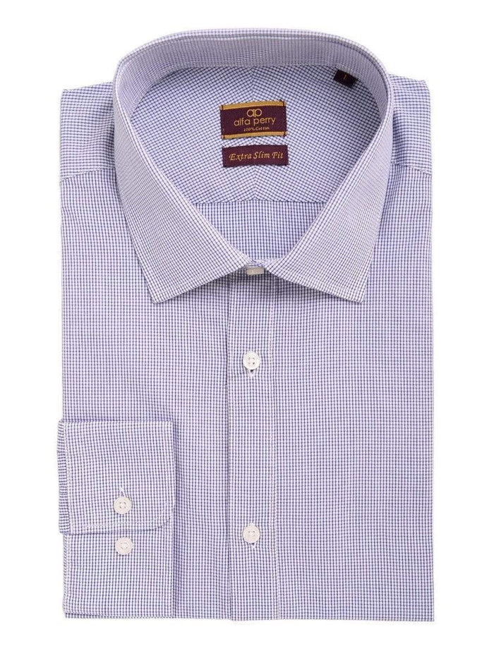 Men's Extra Slim Fit Blue Check Spread Collar Cotton Dress Shirt