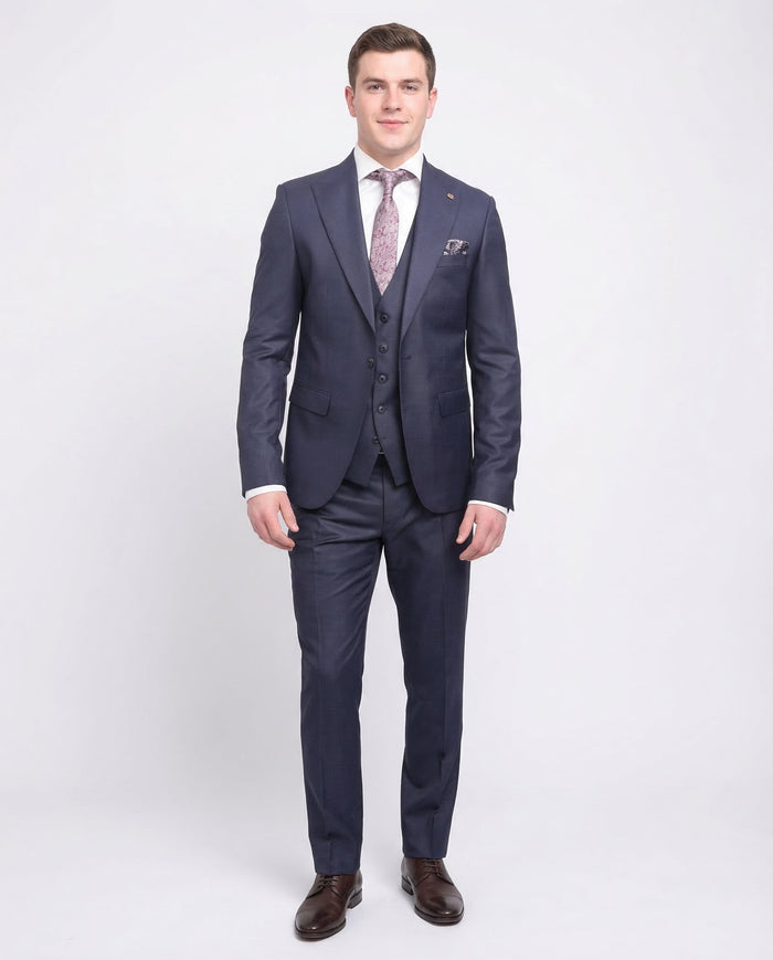 Men's Slim Fit Blue Textured Check 2-Button 3-Piece Suit Peak Lapels