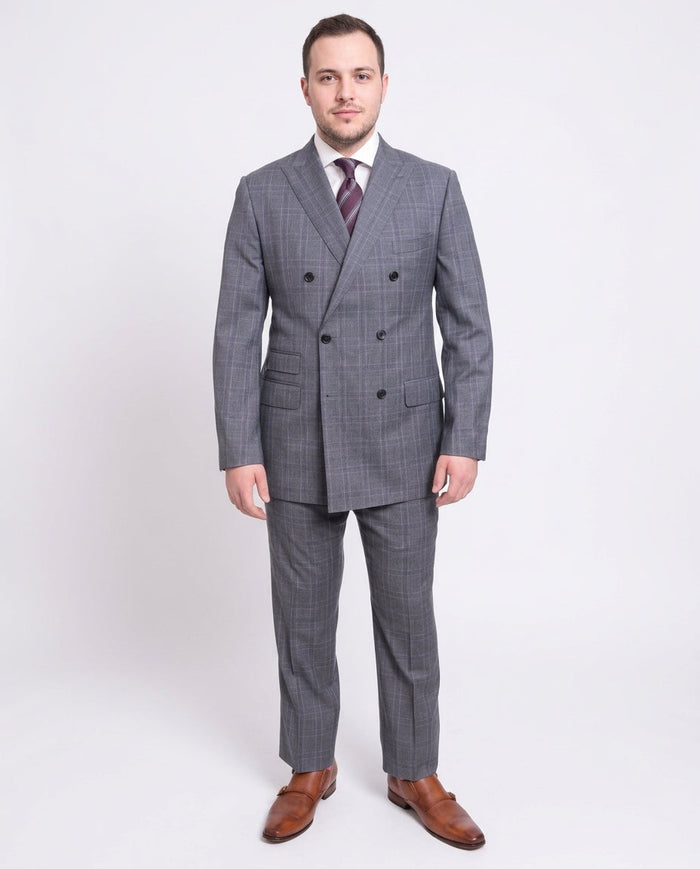 Men's Classic Fit Blue Plaid Double Breasted Half Canvassed Wool Suit