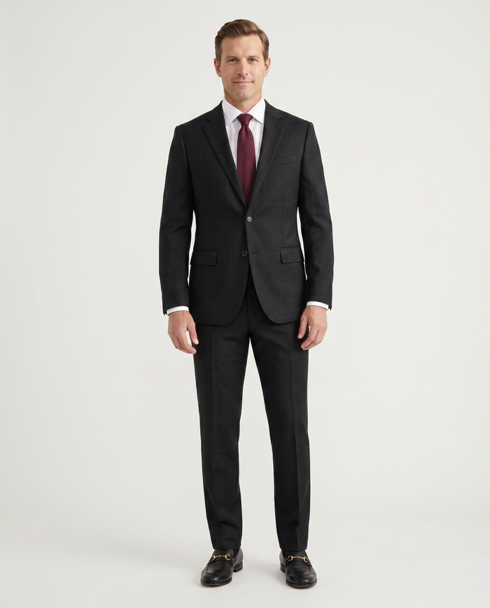 Men's Black Subtle Windowpane Modern Fit Wool 2-Button Suit