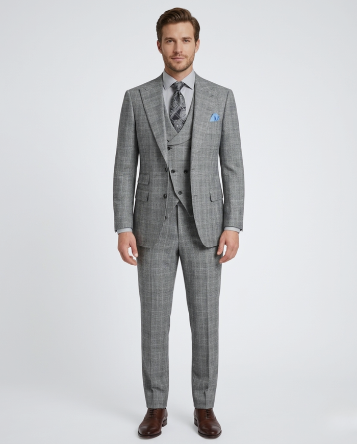 Men's Classic Fit Gray Plaid 3-Piece Wool Suit Peak Lapels