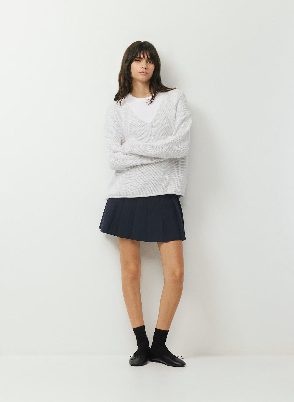 Cotton Cashmere Hip-Length Sweater - Navy