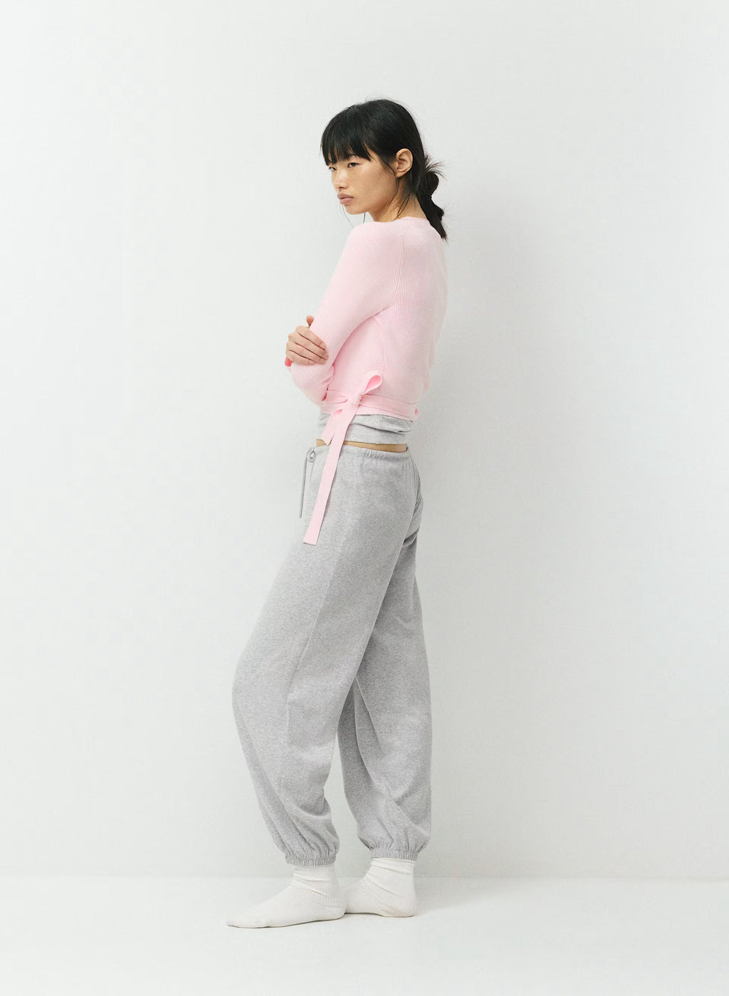 Wrap-Style Waist-Length Knit Top - Pink