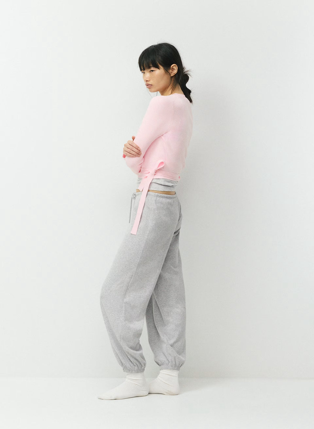 Wrap-Style Waist-Length Knit Top - Pink