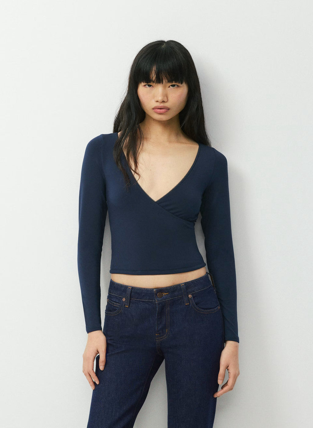 Long-Sleeve Modal Wrap Top - Navy