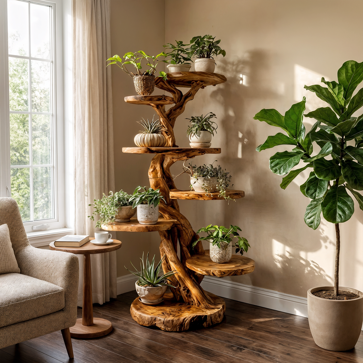 Rustic Solid Wood Tree Plant Shelf with Branch Display Surfaces