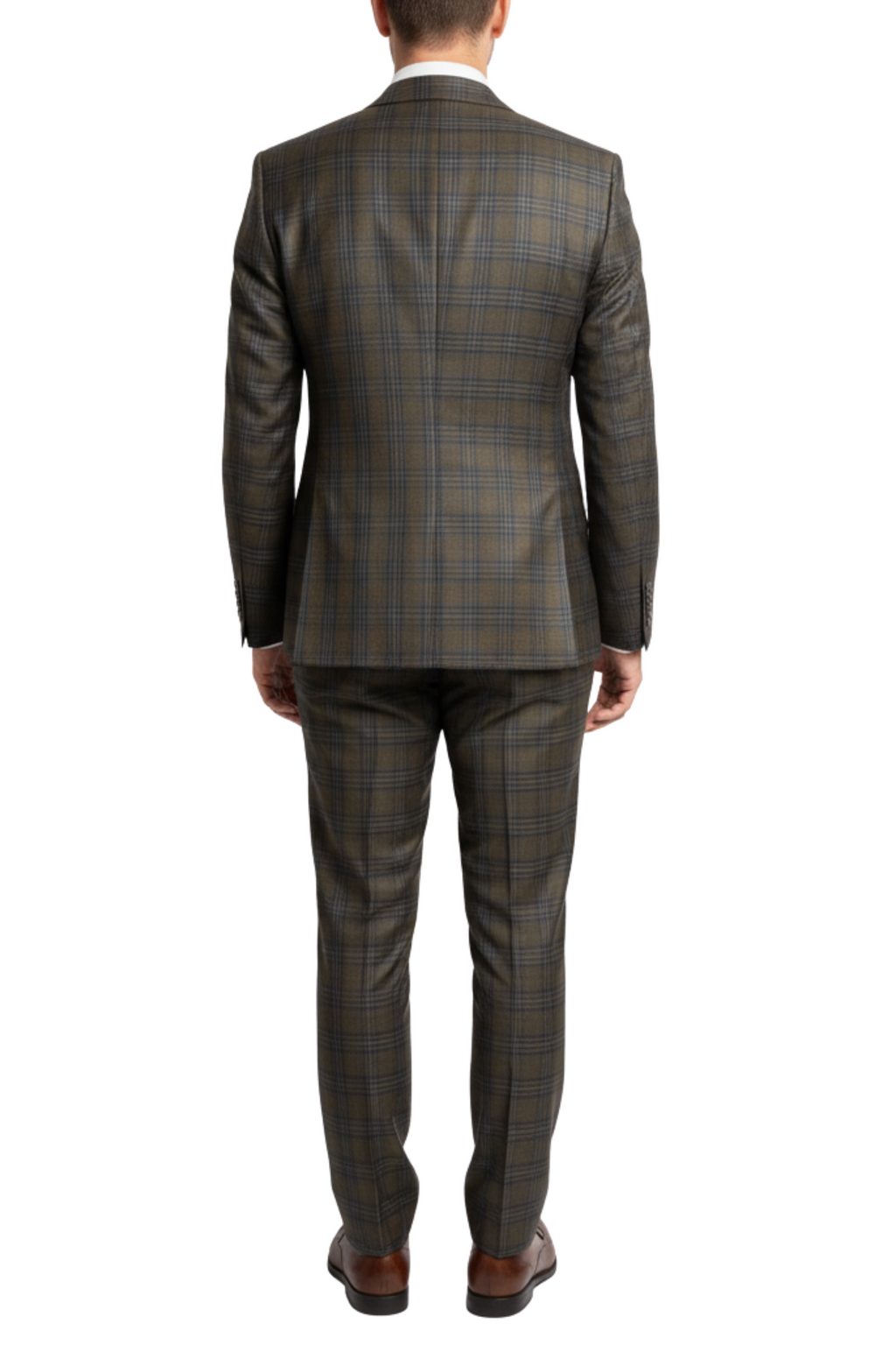 Men's Green Blue Plaid Modern Fit Peak Lapel Wool 2-Button Suit