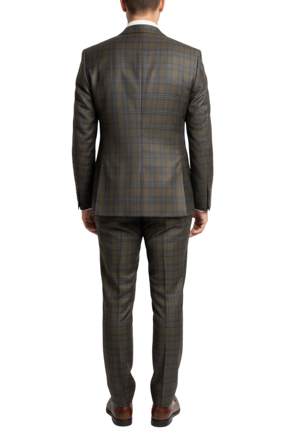 Men's Green Blue Plaid Modern Fit Peak Lapel Wool 2-Button Suit
