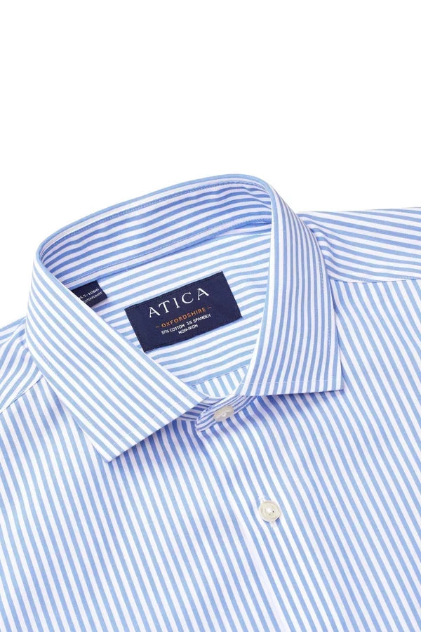 Men's Slim Fit Blue Stripe Cutaway Collar Stretch Cotton Dress Shirt
