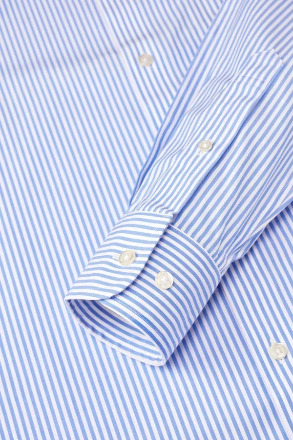 Men's Slim Fit Blue Stripe Cutaway Collar Stretch Cotton Dress Shirt