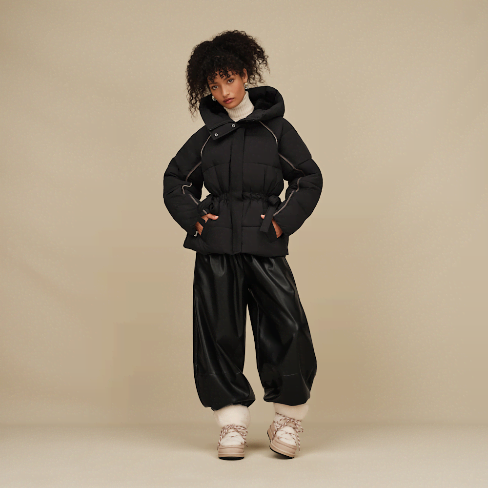Women's Hooded Cinched Puffer Jacket - Oyster