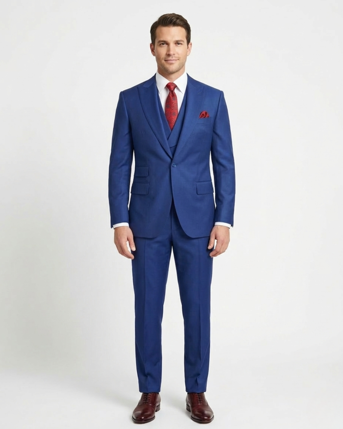 Men's Solid Sapphire Blue Wool 1-Button 3-Piece Regular Fit Suit
