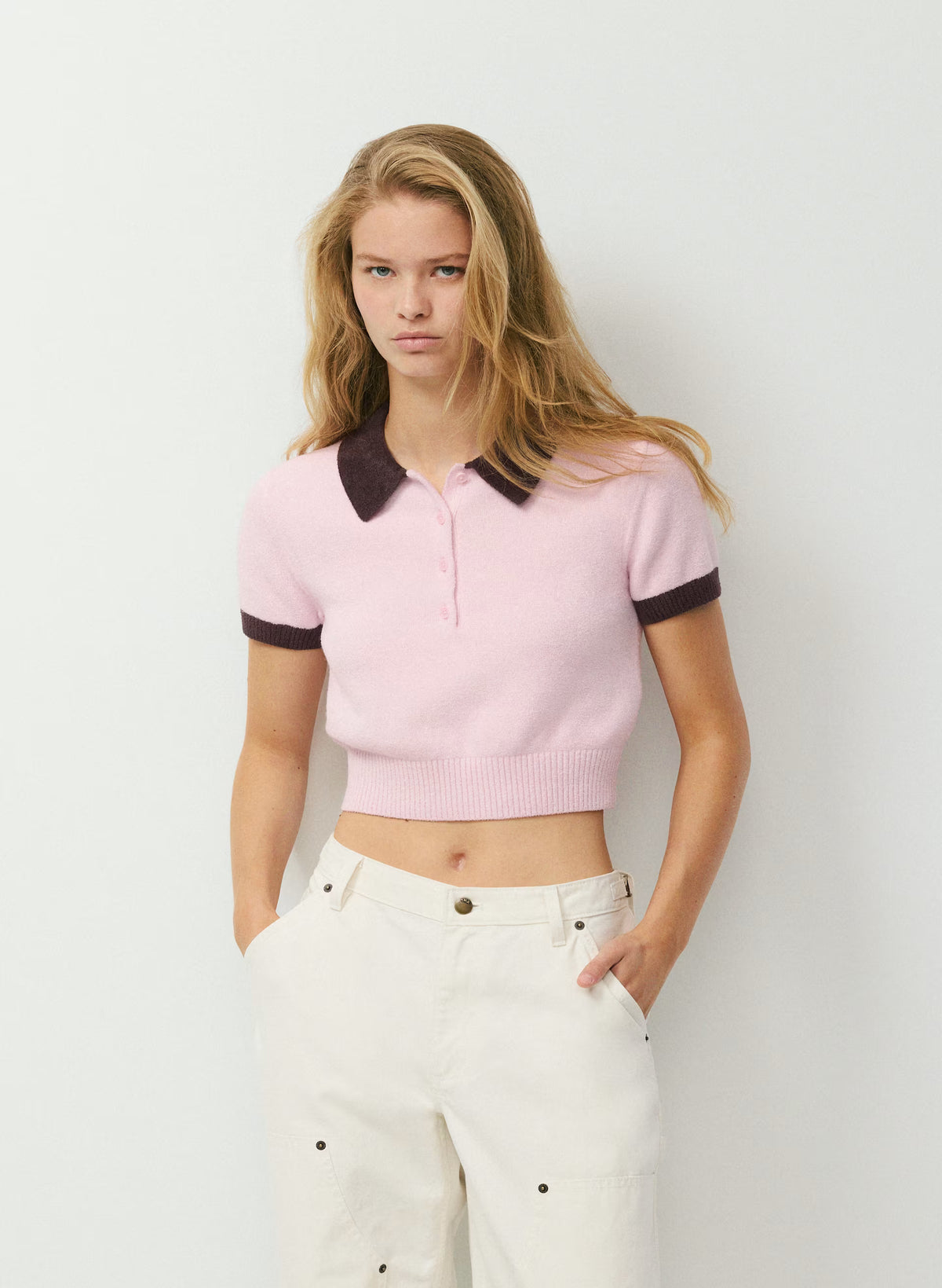 Wool Blend Button Polo Sweater - Brown