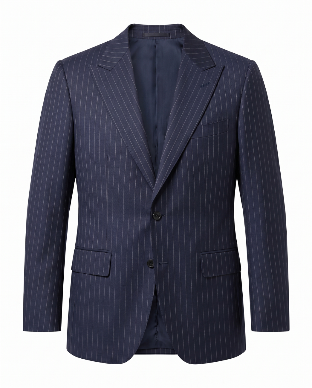 Men's Navy Pinstriped Slim Fit Half Canvassed Wool 2-Button Suit