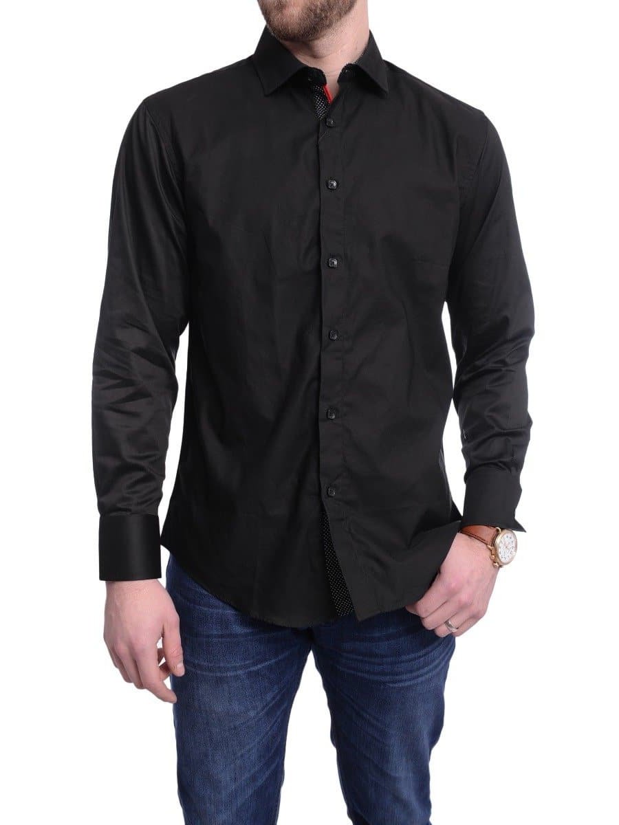 Men's Trim Fit Solid Black Spread Collar Cotton Casual Dress Shirt
