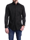 Men's Trim Fit Solid Black Spread Collar Cotton Casual Dress Shirt