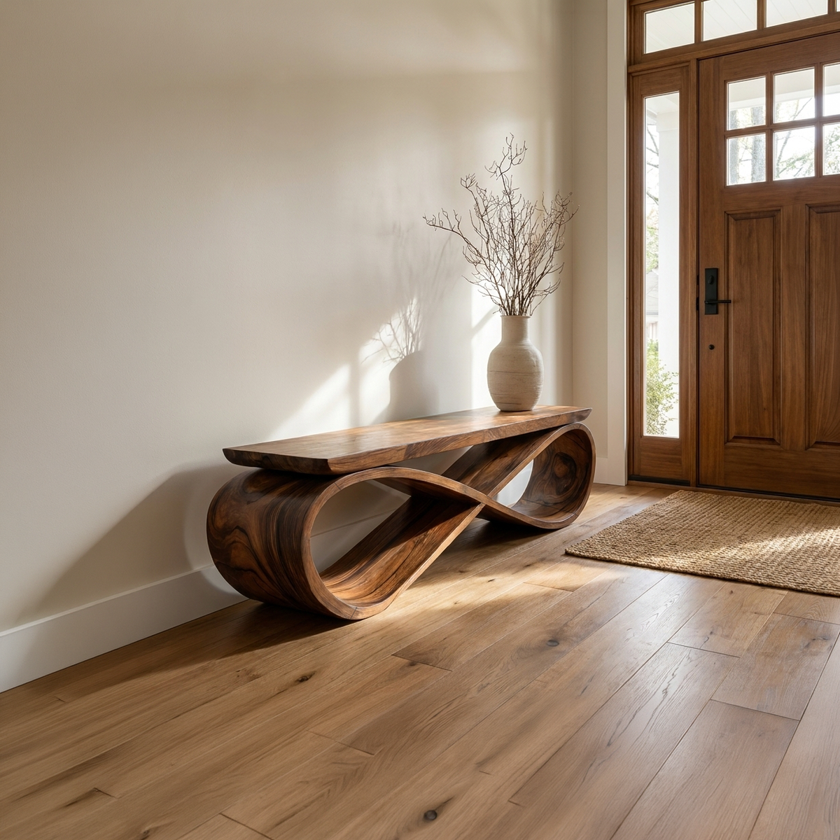 Infinity Loop Sculptural Solid Wood Bench for Entryway