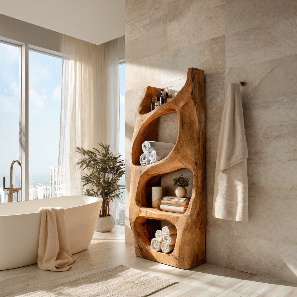 Hand-Carved Sculptural Solid Wood Bathroom Towel Shelf