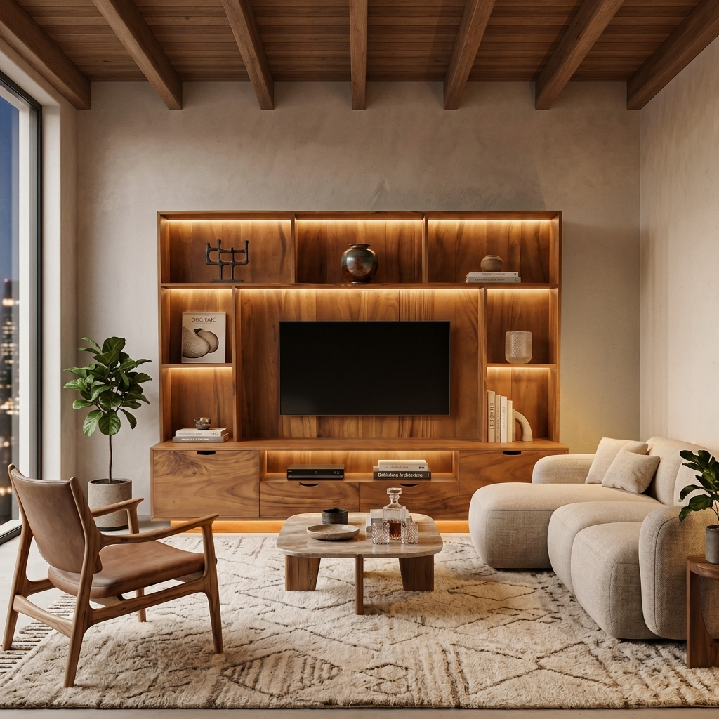 Solid Wood TV Wall Unit with LED Lit Shelves and Cabinets