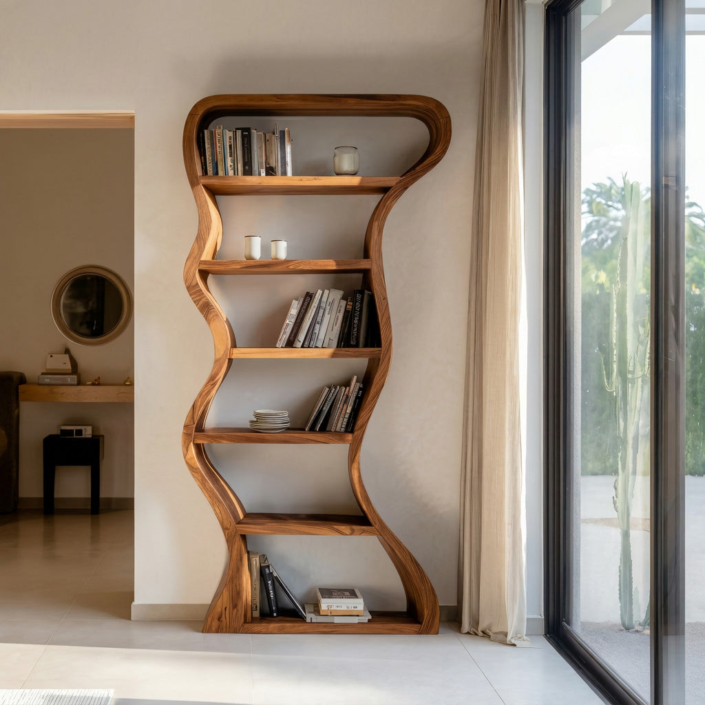 Tall Wavy Solid Wood Bookshelf with Organic Sculpted Sides