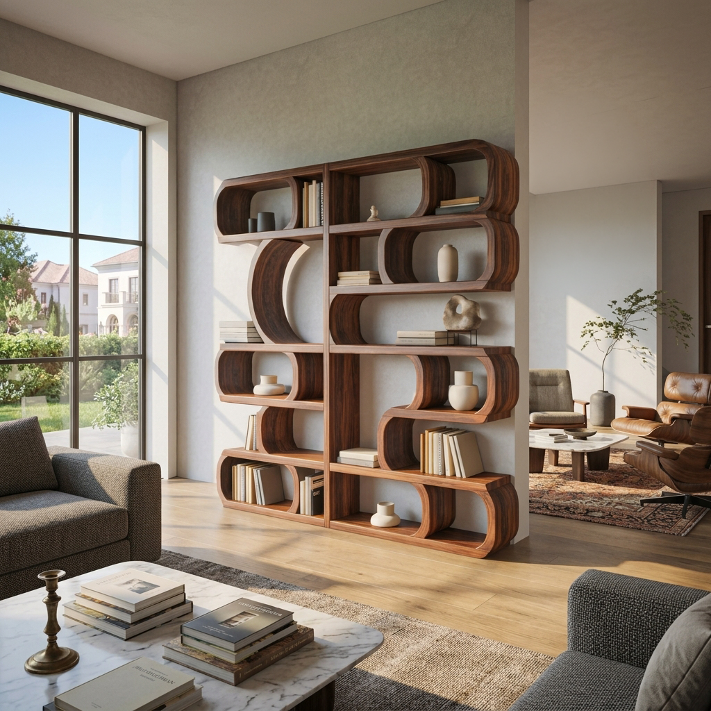 Modern Sculptural Solid Wood Bookshelf with Symmetrical Curves