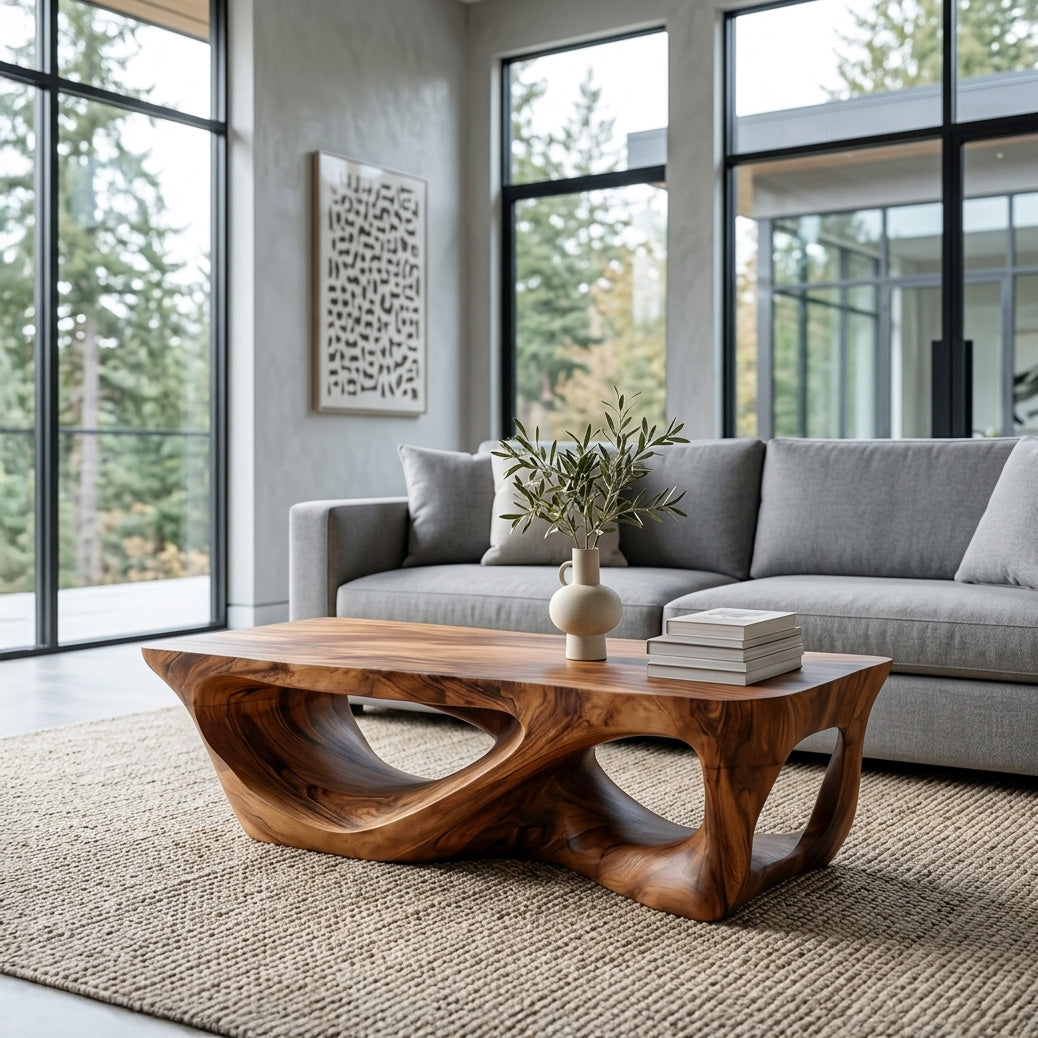 Minimalist Solid Wood Coffee Table with Open Sculpted Base