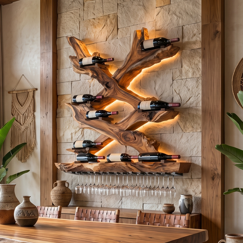 Monkeypod Wood Wall Wine Rack with Mid-Century Rustic Style