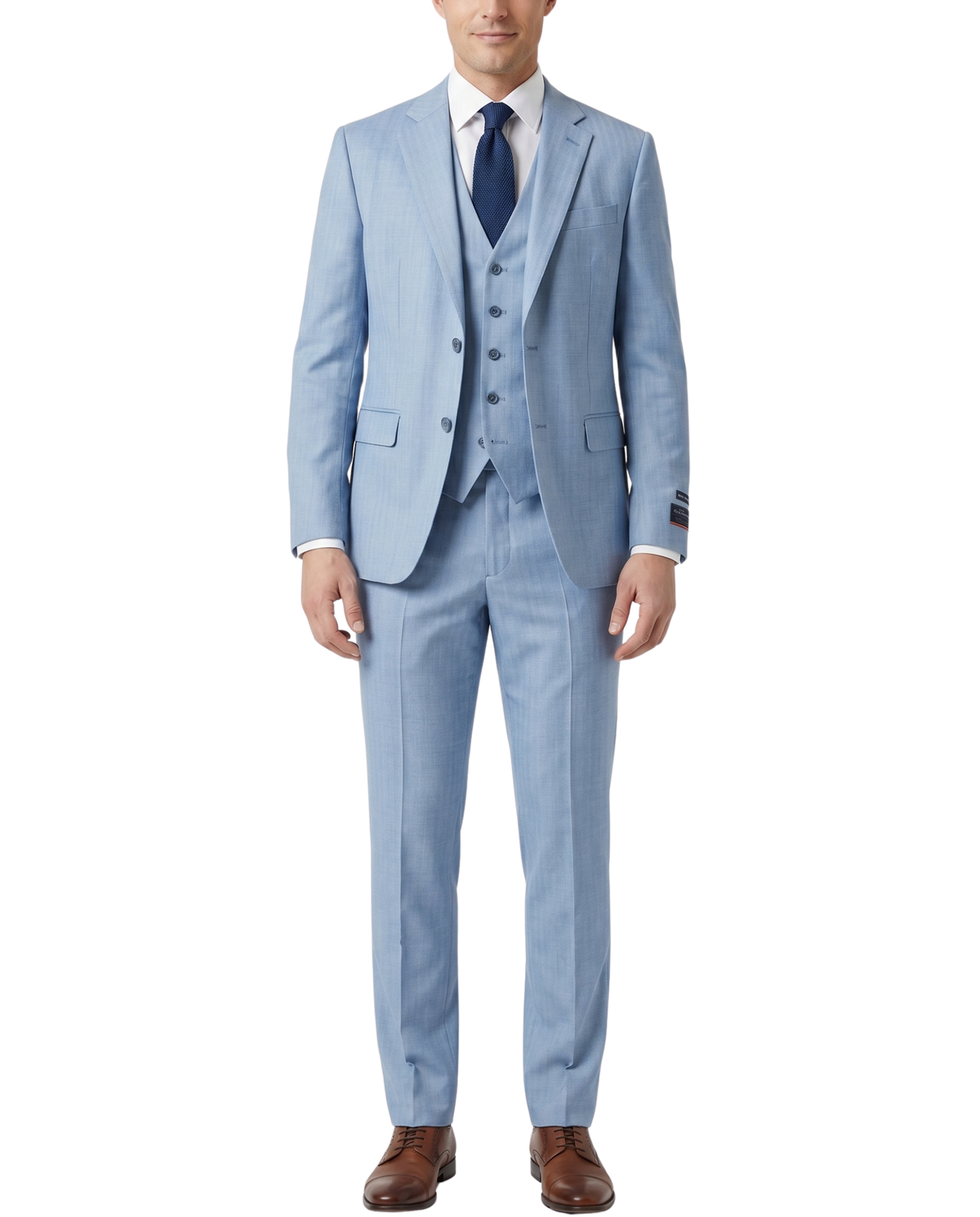 Men's Blue Herringbone Slim Fit Notch Lapel Stretch 3-Piece Suit
