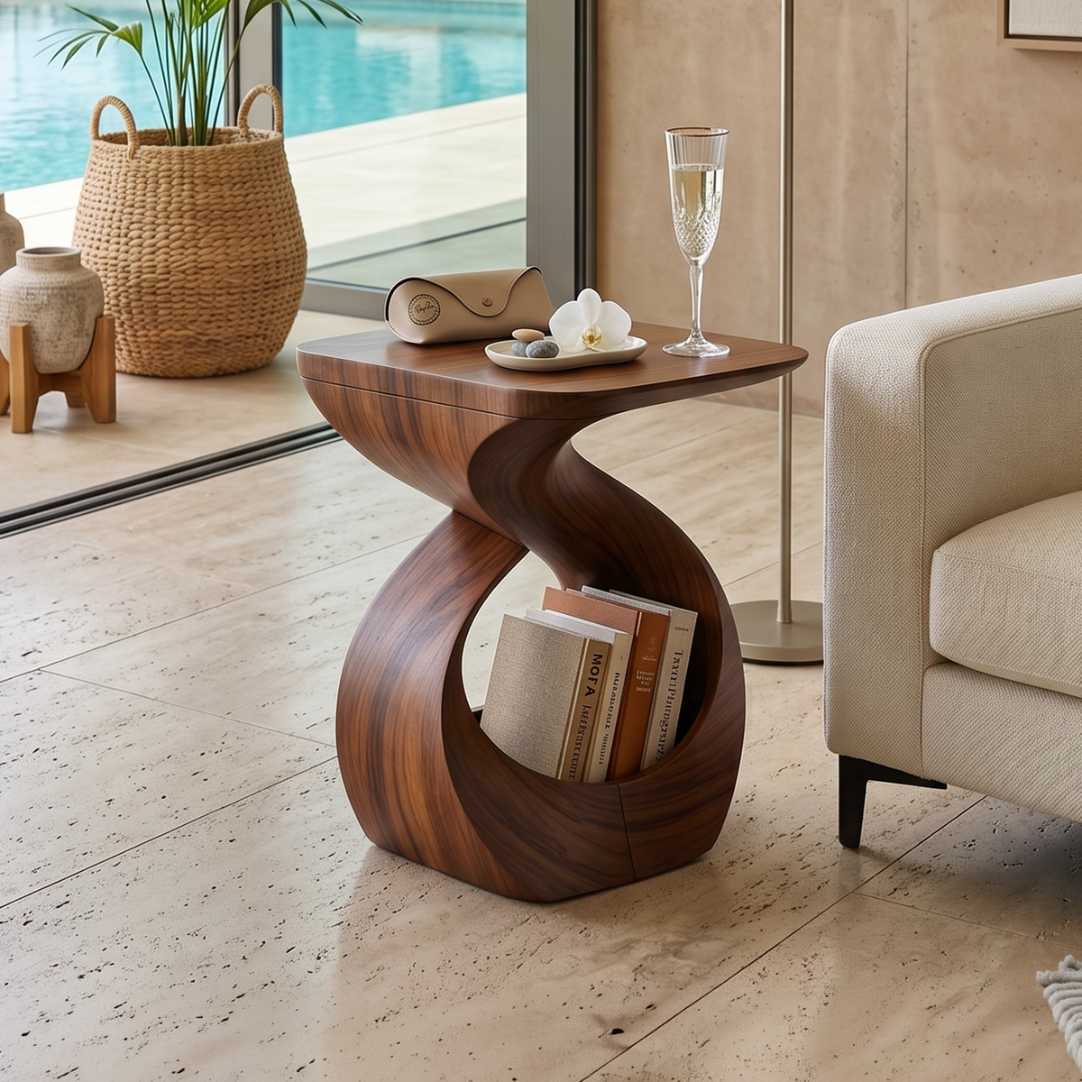 Contemporary Curved Solid Wood End Table with Open Sculptural Base