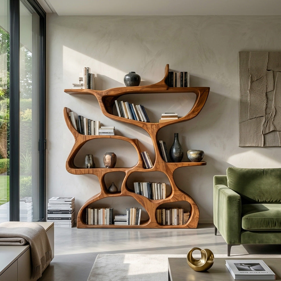 Organic Carved Solid Wood Bookshelf with Open Compartments