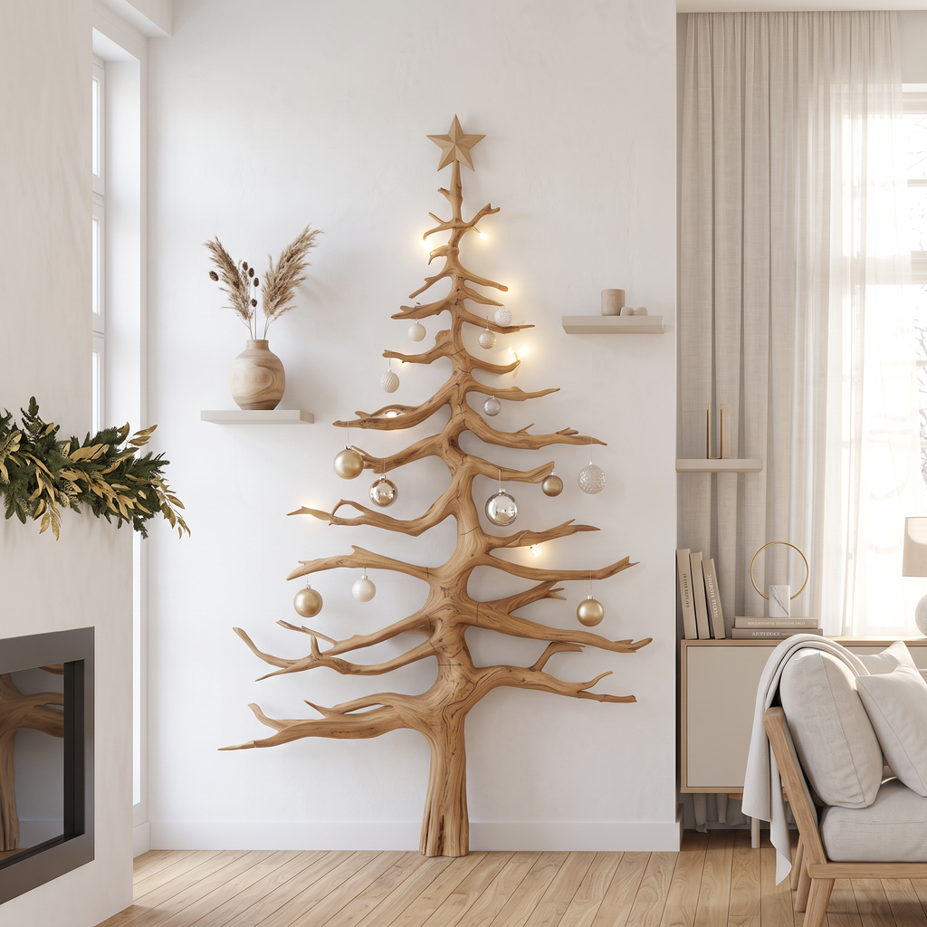 Rustic Pine Tree Wall Shelf with Carved Wood Branches