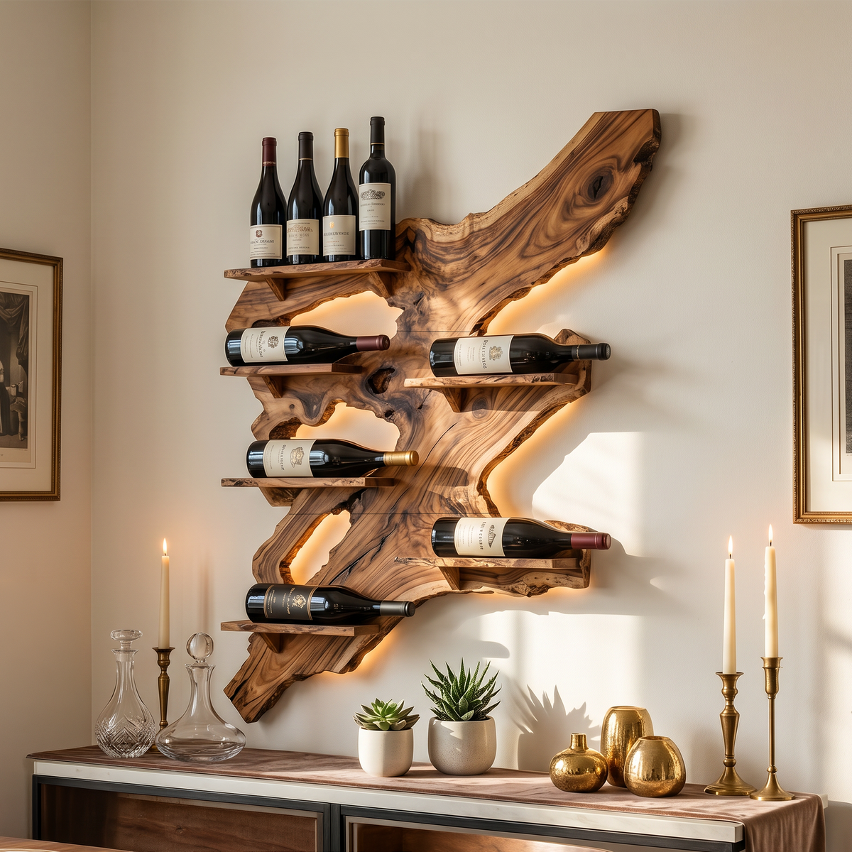 Rustic Monkey Pod Wood Wall Wine Rack for Home Bar