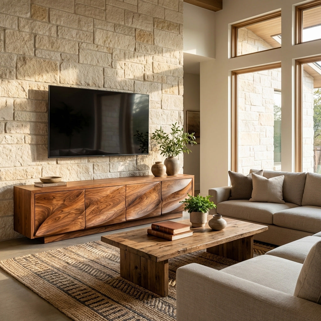 Solid Wood TV Cabinet with Carved Wave Doors