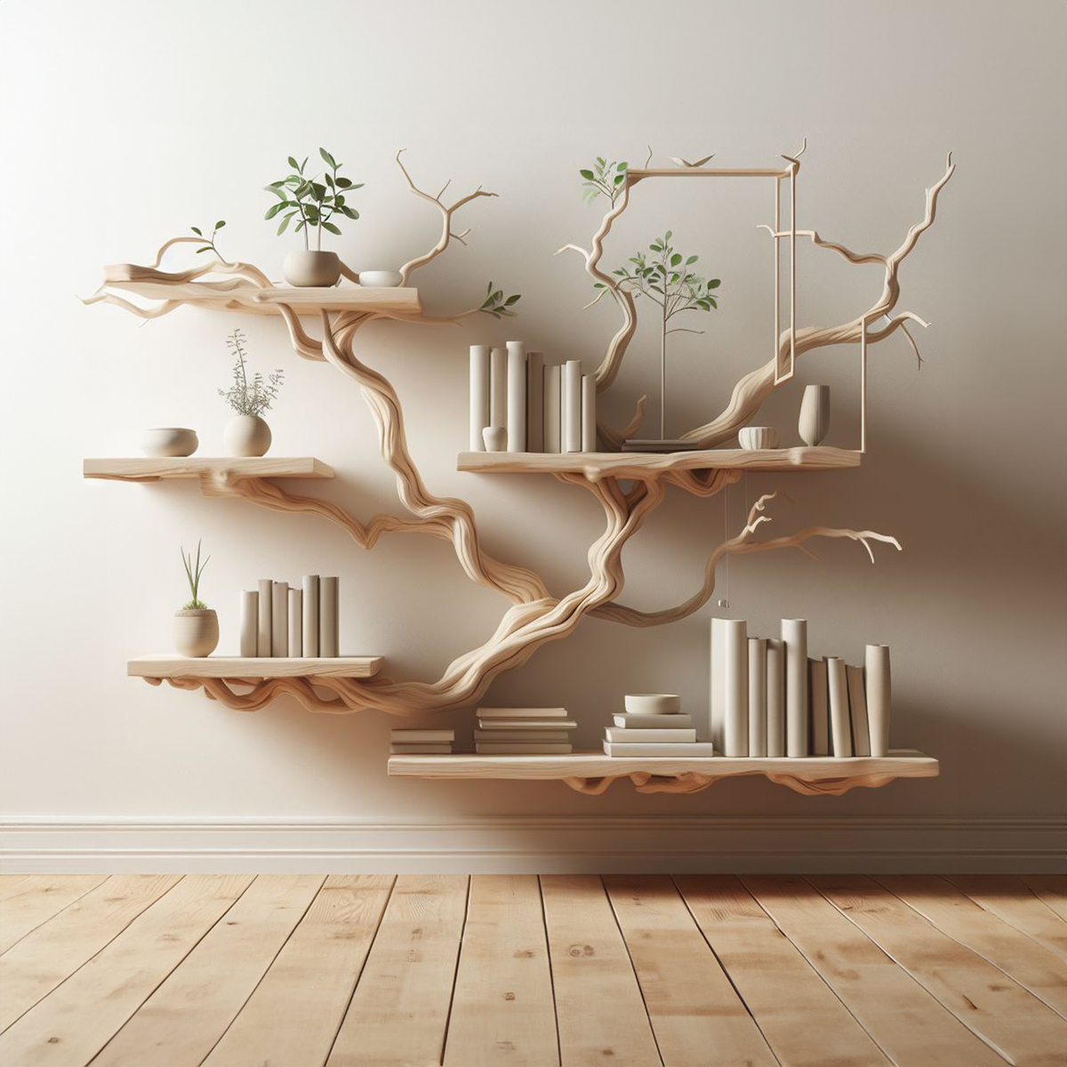 White Tree Branch Floating Bookshelf in Carved Solid Wood