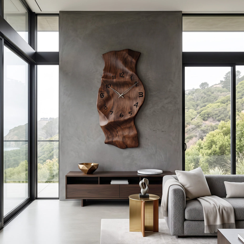 Vertical Solid Wood Sculptural Wall Clock with Organic Curves