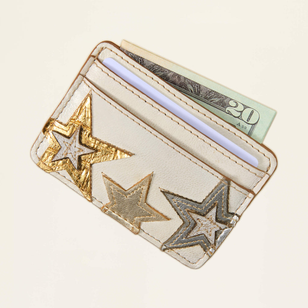 Metallic Leather Star Card Case - Blue