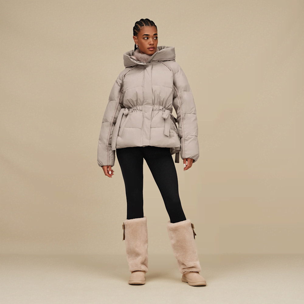 Women's Hooded Cinched Puffer Jacket - Oyster
