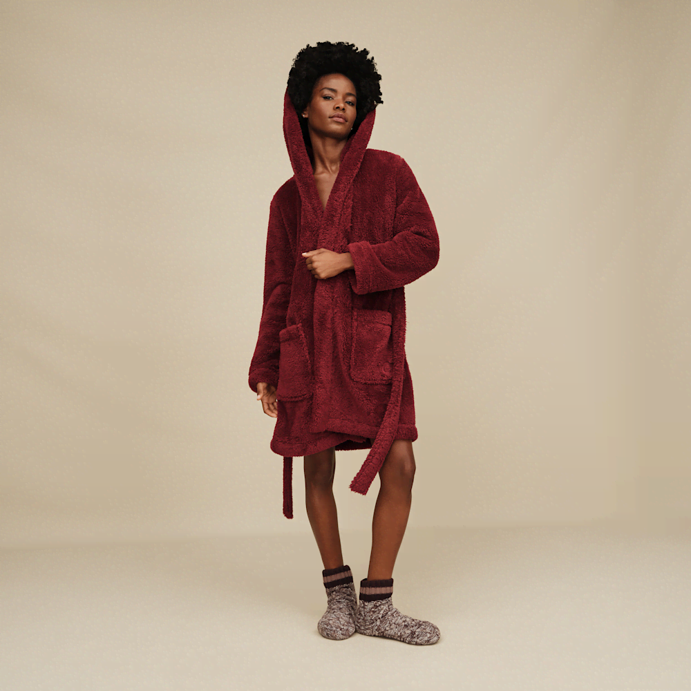 Women's Hooded Plush Fleece Robe - Cream