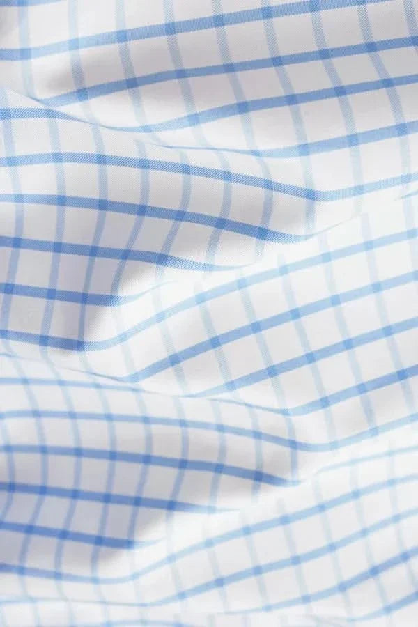 Men's Slim Fit Blue Windowpane Cutaway Collar Cotton Dress Shirt