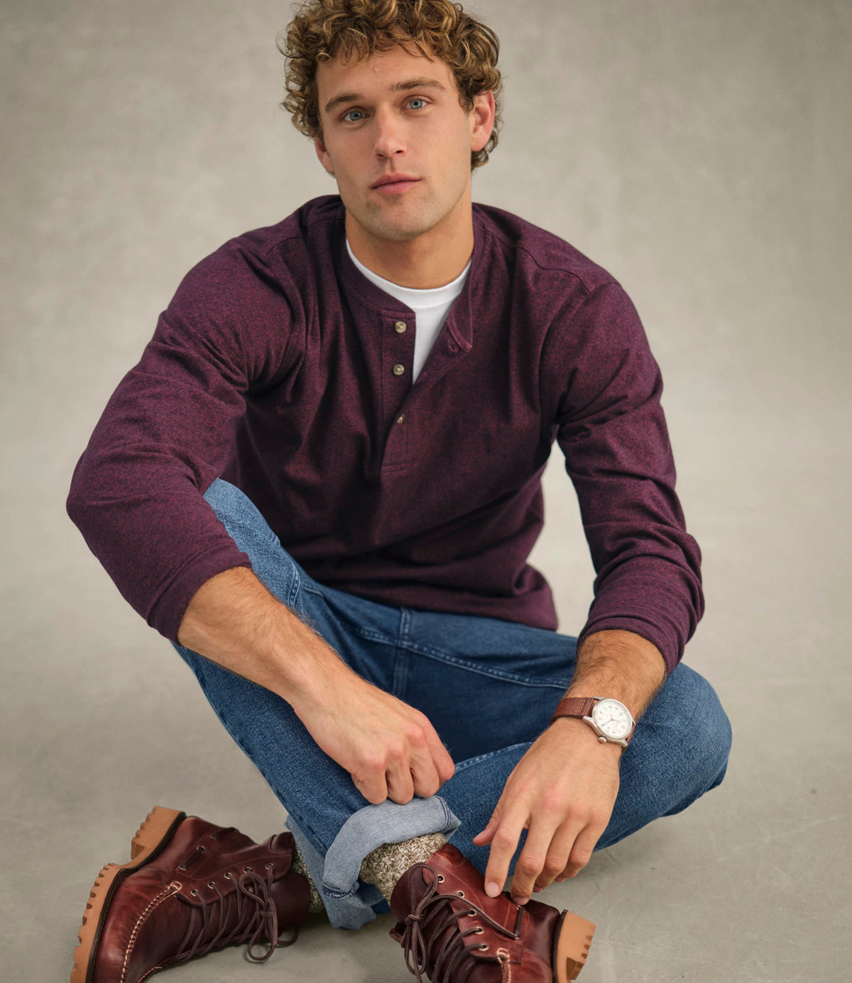 Men's Long-Sleeve Cotton Henley Shirt - Blue