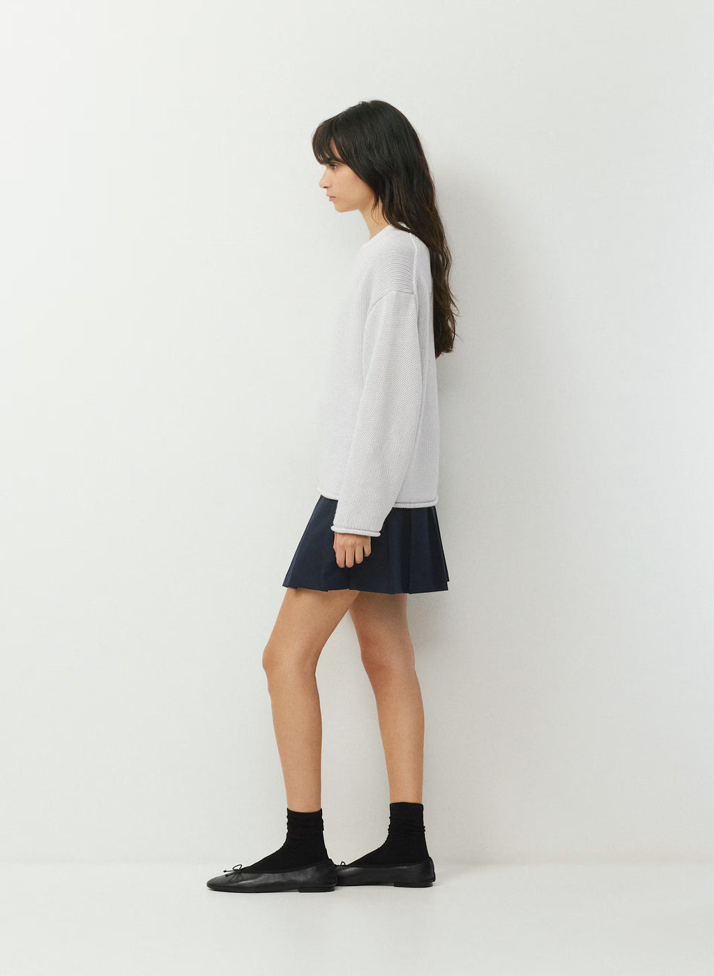 Cotton Cashmere Hip-Length Sweater - Navy