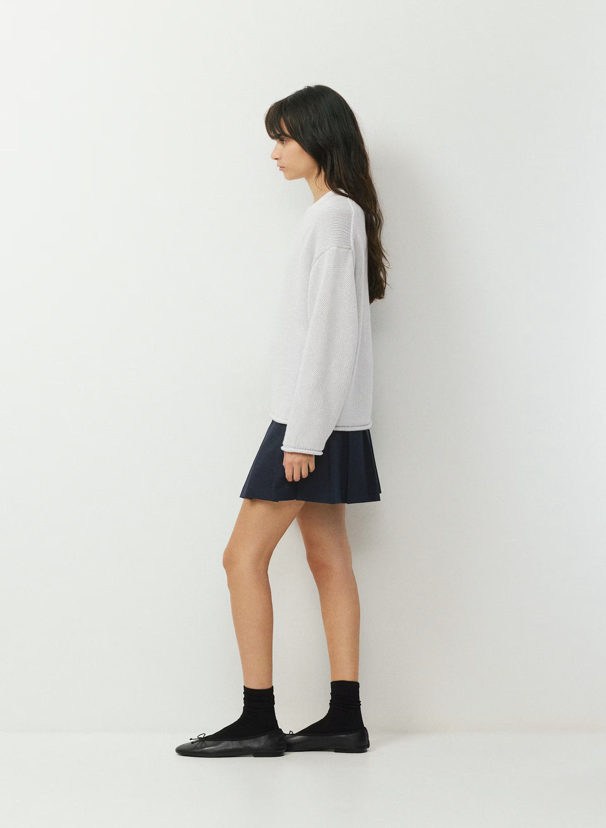 Cotton Cashmere Hip-Length Sweater - Navy