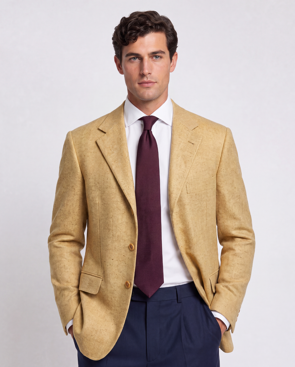 Men's Orange Sand Shantung Weave Silk Wool Blend 3-Button Sport Coat