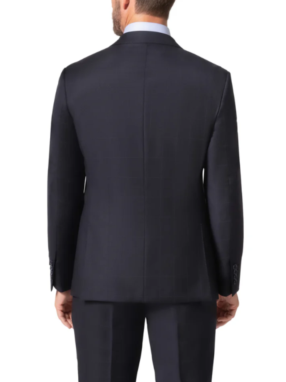 Men's Navy Subtle Windowpane Modern Fit Notch Lapel Wool 2-Button Suit