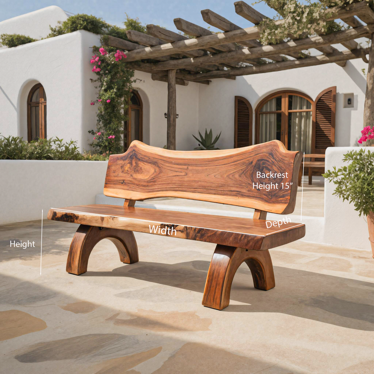 Rustic Live Edge Solid Wood Bench with Backrest for Patio - view 8