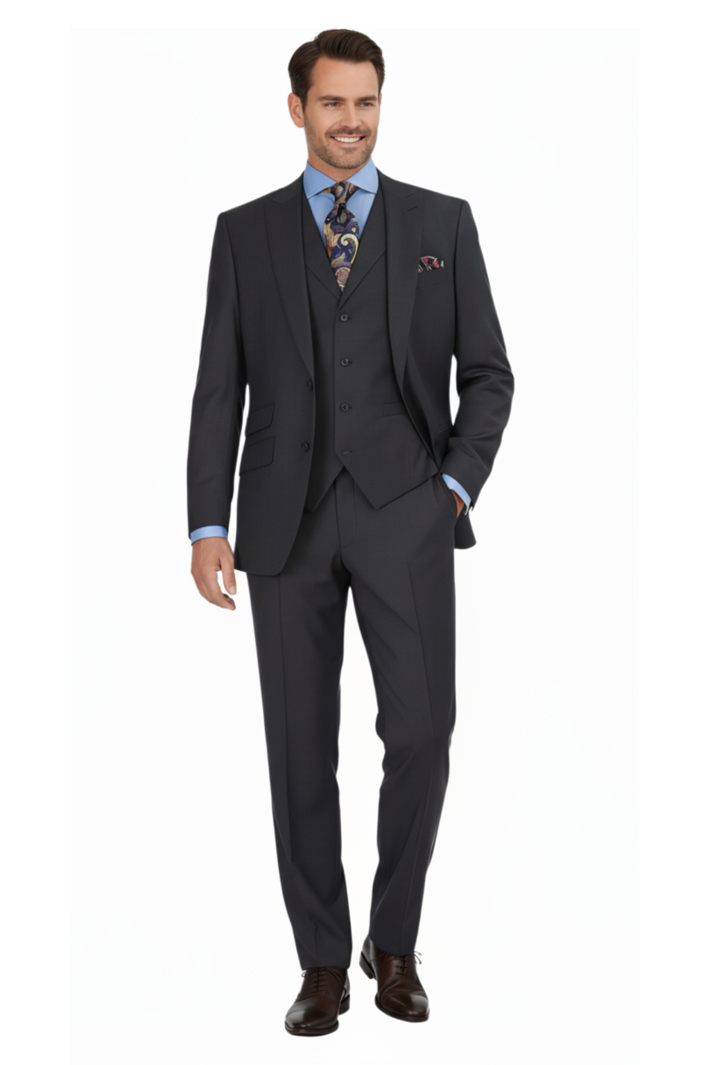 Men's Charcoal Striped Peak Lapel Classic Fit 3-Piece Wool Suit