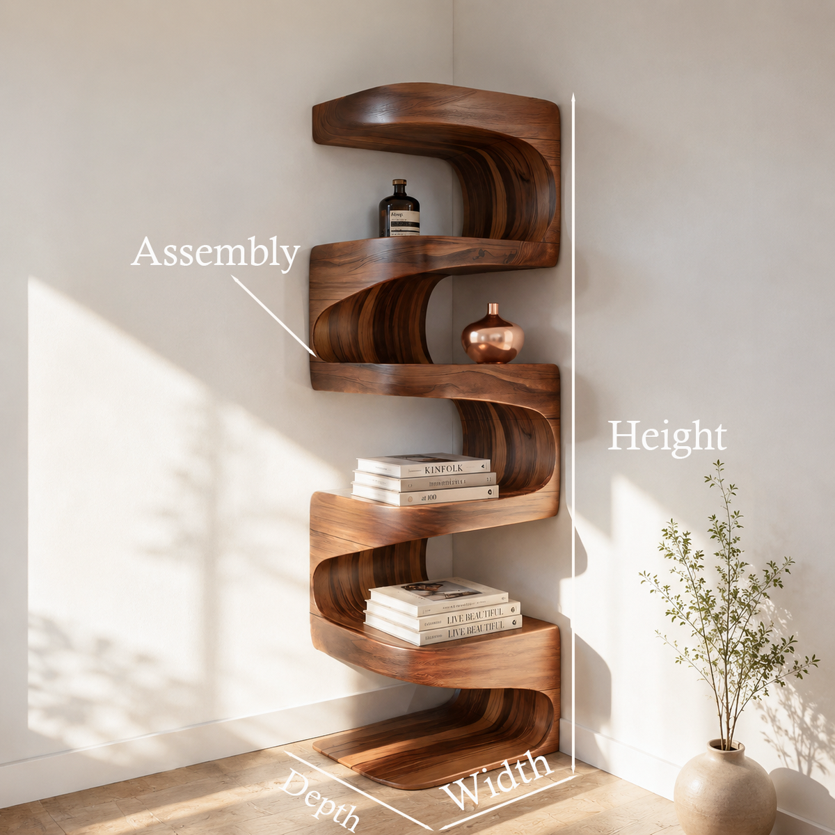 Modern Corner Wave Bookshelf in Solid Wood with Tiered Shelves - view 8