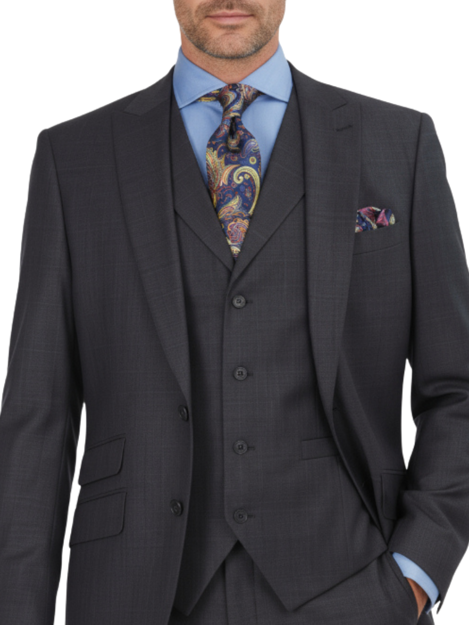 Men's Charcoal Striped Peak Lapel Classic Fit 3-Piece Wool Suit
