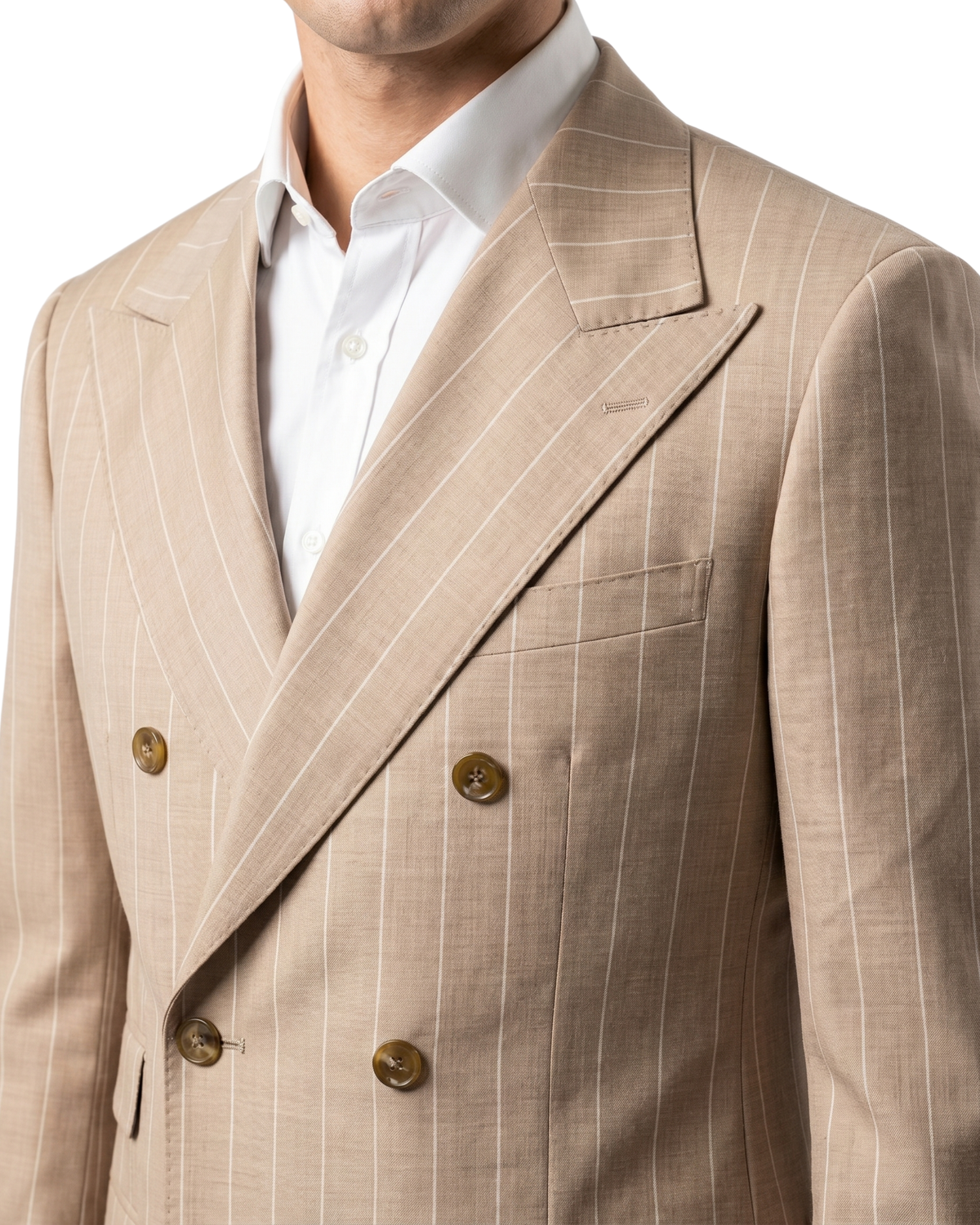 Men's Beige Pinstripe Modern Fit Peak Lapel Double Breasted Wool Suit