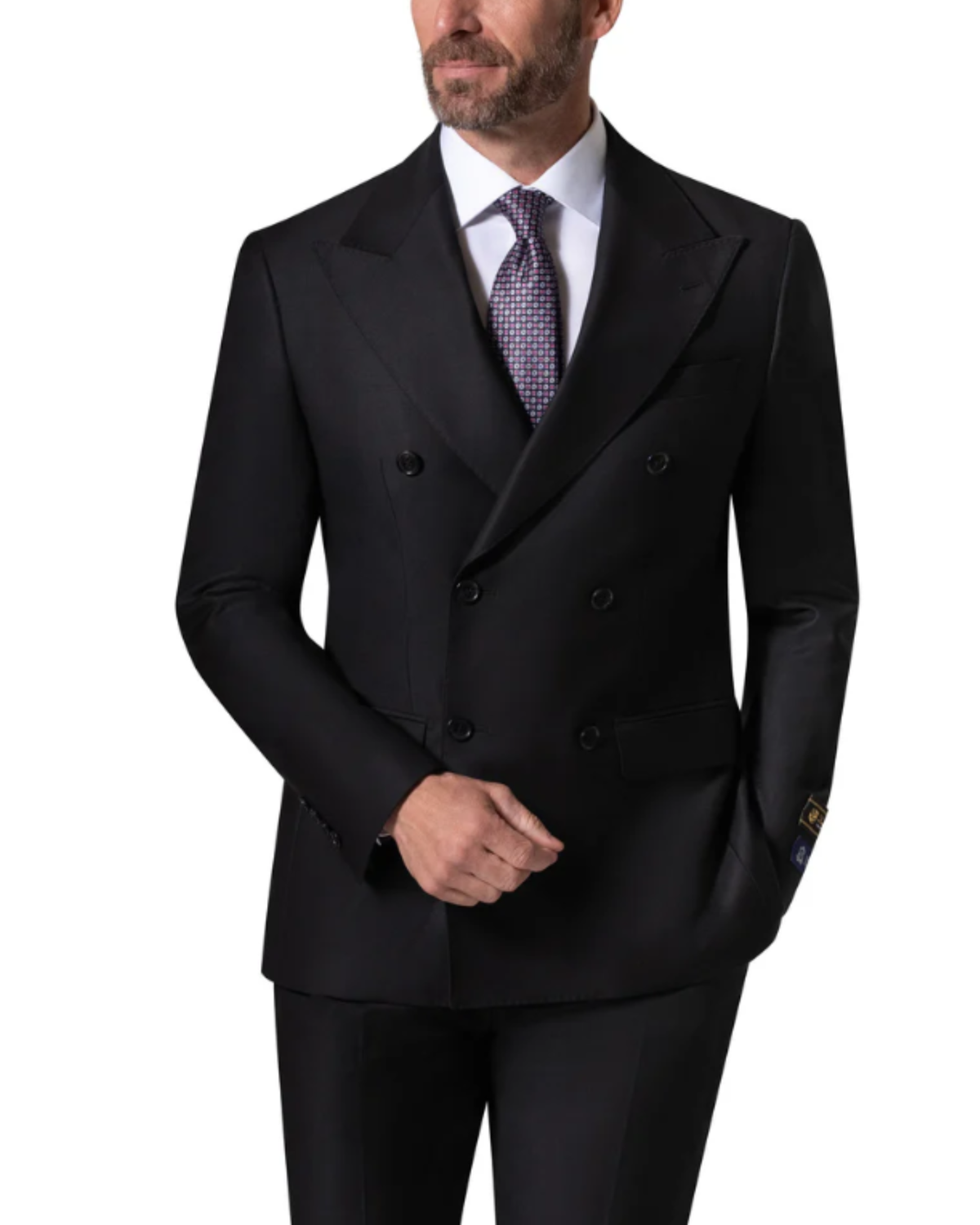 Men's Solid Black Modern Fit Peak Lapels Double Breasted Wool Suit